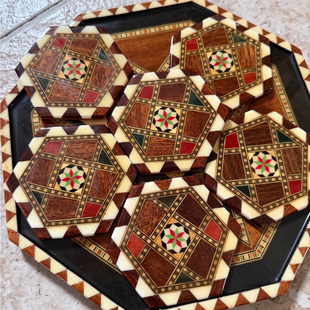 Taracea Granada Inlaid Wood Tray And Coasters Geometric  Folk Art 🇪🇸 Spain
